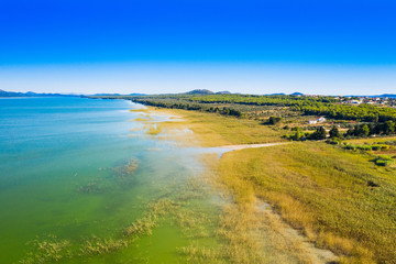Aerial view of the beautiful ornithological nature park and Vrana lake (Vransko jezero) in Dalmatia, Croatia