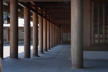 Japanese temple wooden pillars corridor 