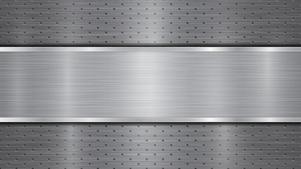 Background in gray colors, consisting of a metallic perforated surface with holes and a polished plate with metal texture, glares and shiny edges - obrazy, fototapety, plakaty