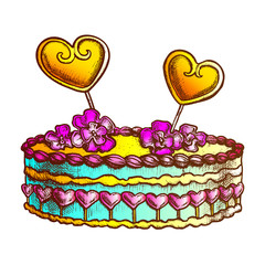Cake Decorated Hearts And Creamy Flower Ink Vector. Festive Valentine Day Delicious Sweet Cake For Loving Couple Engraving Template Hand Drawn In Vintage Style Color Illustration