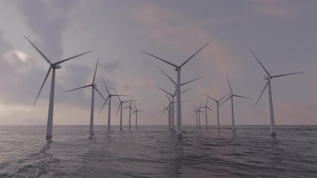 Wind turbine farm in the sea - aerial view, 3d rendered, realistic cgi