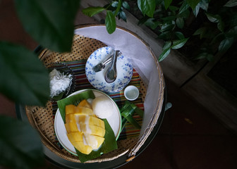 Popular dessert of Thailand: Sticky rice with ripe mango and coconut ball dessert in bamboo basket on green leaves  background, Top view and copy space. 
