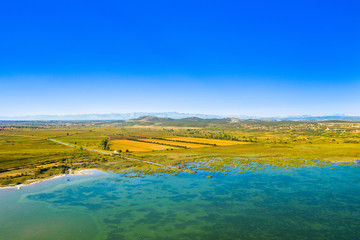 Aerial view of the beautiful ornithological nature park and Vrana lake (Vransko jezero) in Dalmatia, Croatia