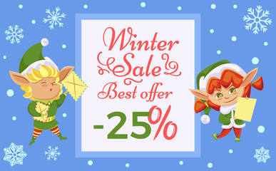 Fototapeta premium Winter sale, best offer on presents. Little characters in green elf costume prepare gifts for children. Promotion poster with designed caption and christmas elves. Vector illustration in flat style
