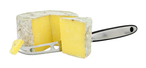 Cave aged farmhouse cheddar cheese with a cheese knife isolated on a white background