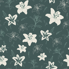 Vector repeat pattern with white and light green lilies on dark background. Hand-drawn style. One of "Lovely Lilium" collection patterns.