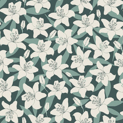 Vector repeat pattern with romantic lilies and leaves on dark background. Hand-drawn style. One of "Lovely Lilium" collection patterns.