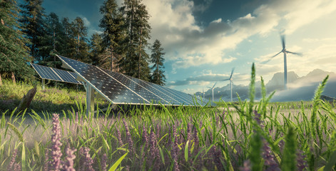 Environmentally friendly installation of photovoltaic power plant and wind turbine farm situated in beautiful fresh mountain scenery with nice warm late afternoon light. 3d rendering. © malp