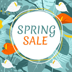 Summer, spring season sale vector banner with copy space on background with tropical flowers. Square card templates for greeting, cover, advertisement. Flamingo flower, laceleaf, palm.