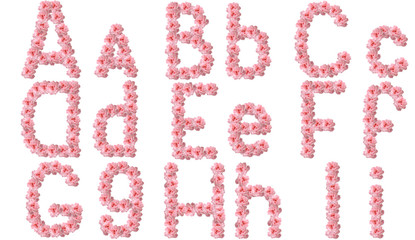 English alphabet from flowers of pink roses, letter A,B,C,D,E,F,G,H,I