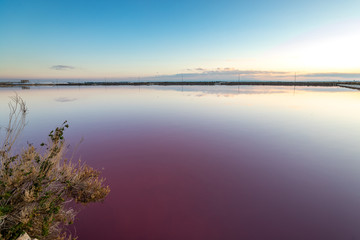Nature reserve Saline Margherita di Savoia, Apulia, Italy: The salt pan. Salt flats area for sea salt production. Coastal ecosystem on Adriatic sea. Red waters colored by alga Dunaliella salina