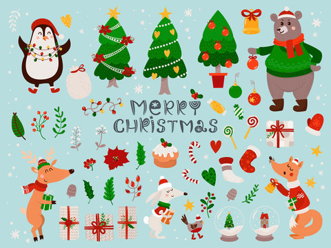 Christmas set with isolated cute forest animals and different items
