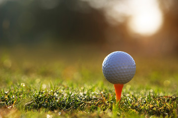 golf ball on tee in a beautiful golf course with morning sunshine