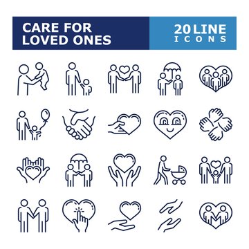 Care for loved ones icons. Help and sympathy line icon set. Vector illustration. Editable stroke.