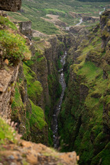 Botsna river canyon. Amazing green landscape of Icelandic Canyon. Fantastic misty weather, seagulls soaring over cliffs