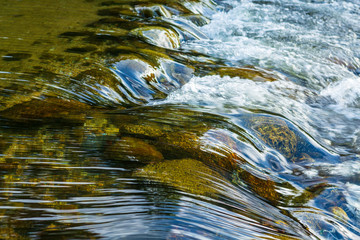 Water in natural streams that flow down from the mountains.
