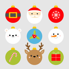 Christmas ball set. Santa Claus, bear, snowman, deer face. Belt, snowflake, holly berry, candy cane, gift box. Cute bauble toy. Cartoon kawaii character. Happy New Year. Flat design. White background.