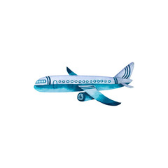 Watercolor turquoise airplane. Hand drawn illustration isolated on white. Icon of plane is perfect for travel poster, tourist design, vacation banner, adventures blogger, social media background