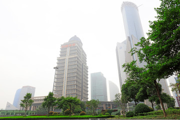 Obraz na płótnie Canvas Shanghai Ping An Financial Building (left) and Shanghai Bank of China Building (right), Shanghai, China