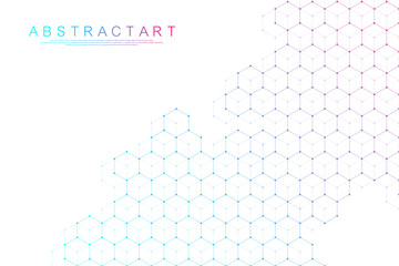 Technology abstract lines and dots connect background with hexagons. Hexagons connection digital data and big data concept. Hex digital data visualization. Vector illustration.