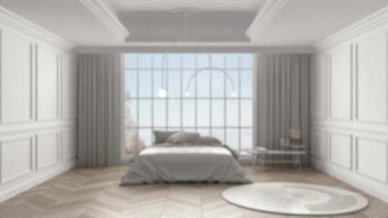 Blur background interior design: classic bedroom with stucco walls, big panoramic window on winter landscape, parquet, bed with pillows, curtains, carpet. Contemporary architecture