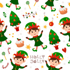 Christmas seamless pattern with gnome and Christmas tree