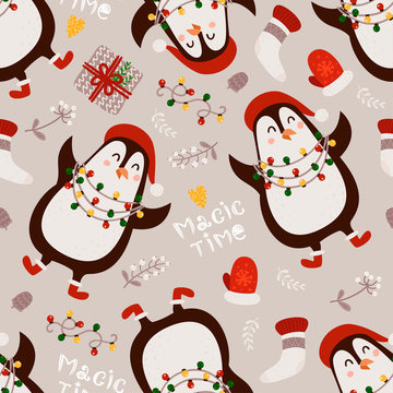 Christmas seamless pattern with penguins