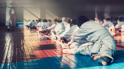 Training karate kids group. The teacher is warming up in the gym on the wood floor. Photo without faces. © Uladzimir