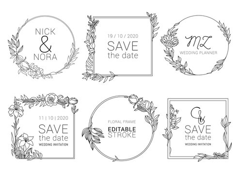 Wedding invitation floral wreath minimal design. Vector template with flourishes ornament elements