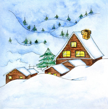 Houses in snowy mountains at night. Watercolor illustration. Perfect for cards, postcards, decorations.