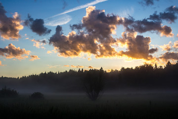 Obraz premium Beautiful blue sky with cumulus clouds lit by sunlight at sunset
