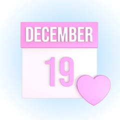 December 19 romantic calendar with pink heart. Love anniversary concept. Relationship date. 3d illustration