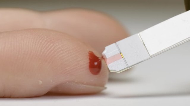 test strip touches drop of blood on finger, diagnosis of diabetes, macro shot.