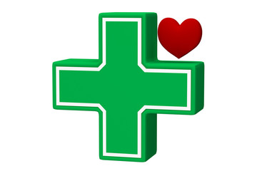 Health care icon. Green cross and red heart isolated on a white. 3d rendering