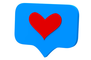 Like red heart icon on a blue pin isolated on white background. Social media Like symbol. 3d rendering