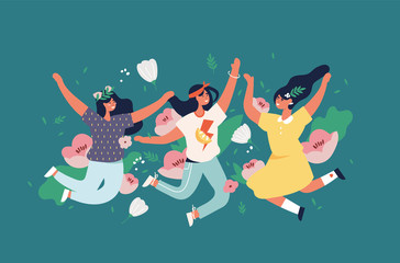 Vector illustration girls jumping with flowers and blossom, leaves. Happy woman enjoying yourself.