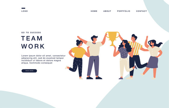 Landing page template for websites with group of young joyful people with champion cup. Successful team