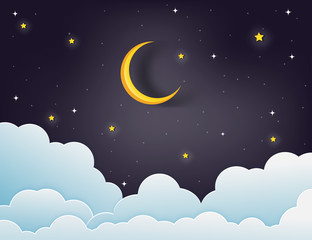 Fototapeta na wymiar night sky with stars and moon. paper art style.Vector of a crescent moon with stars on a cloudy night sky. Moon and stars background.Vector EPS 10.