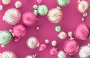 Christmas 3d decoration with Christmas ball on pink background. Christmas, winter, new year concept. Flat lay, top view.