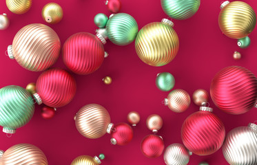 Christmas 3d decoration with Christmas ball on red background. Christmas, winter, new year concept. Flat lay, top view.