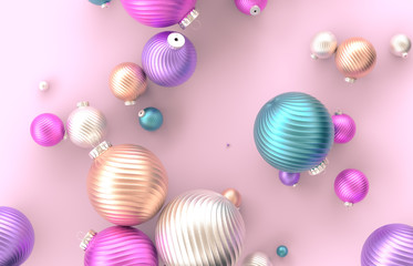 Christmas 3d decoration with Christmas ball on pink background. Christmas, winter, new year concept. Flat lay, top view.