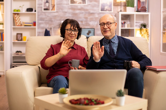 Elderly old couple using modern laptop to chat with their grandson