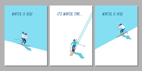 Vector illustration of skiers on mountain with text. Sports men in the ski resort. Winter seasonal activity. - obrazy, fototapety, plakaty