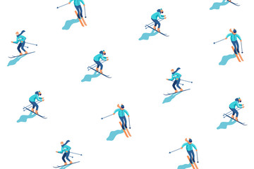 Winter vacation background with skiers on mountain. Mountain sport activities. Vector illustration. - obrazy, fototapety, plakaty