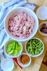 Raw material for stir Fried Pork with curry paste and yardlong bean.
