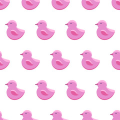 Seamless pattern rubber pink duck. Bath toy in flat style isolated on white background. Children s background in vector. Cute baby bathing toy. hildren s toys. For textile, packaging, fabric,
