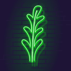 Neon arugula icon. Night illuminated wall street sign for menu or signboard. Square illustration on brick wall background.