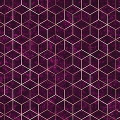 Nahtloses geometrisches Polygonmuster aus Roségold. Abstrakter purpurroter strukturierter Hintergrund des metallischen goldenen Hexagons