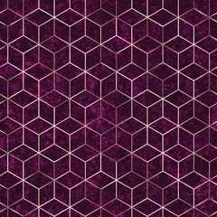 Wall murals Bordeaux Seamless geometric rose gold polygons pattern. Metallic golden hexagon abstract purple textured background