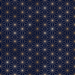 Seamless geometric gold Japanese asanoha pattern. Golden abstract texture on blue background